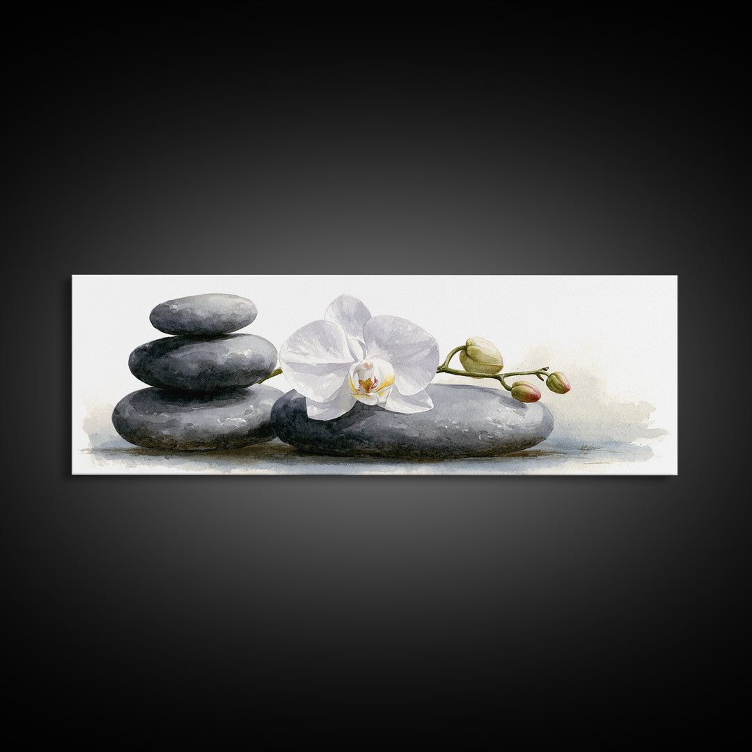 White Orchid on Smooth Gray Stone Canvas Print, Spa Art, Modern Home Decor, Spa Decor, Fine Art, Serenity, Neutral Decor, SPA-3x1-42