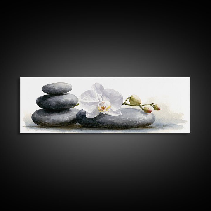 White Orchid on Smooth Gray Stone Canvas Print, Spa Art, Modern Home Decor, Spa Decor, Fine Art, Serenity, Neutral Decor, SPA-3x1-42