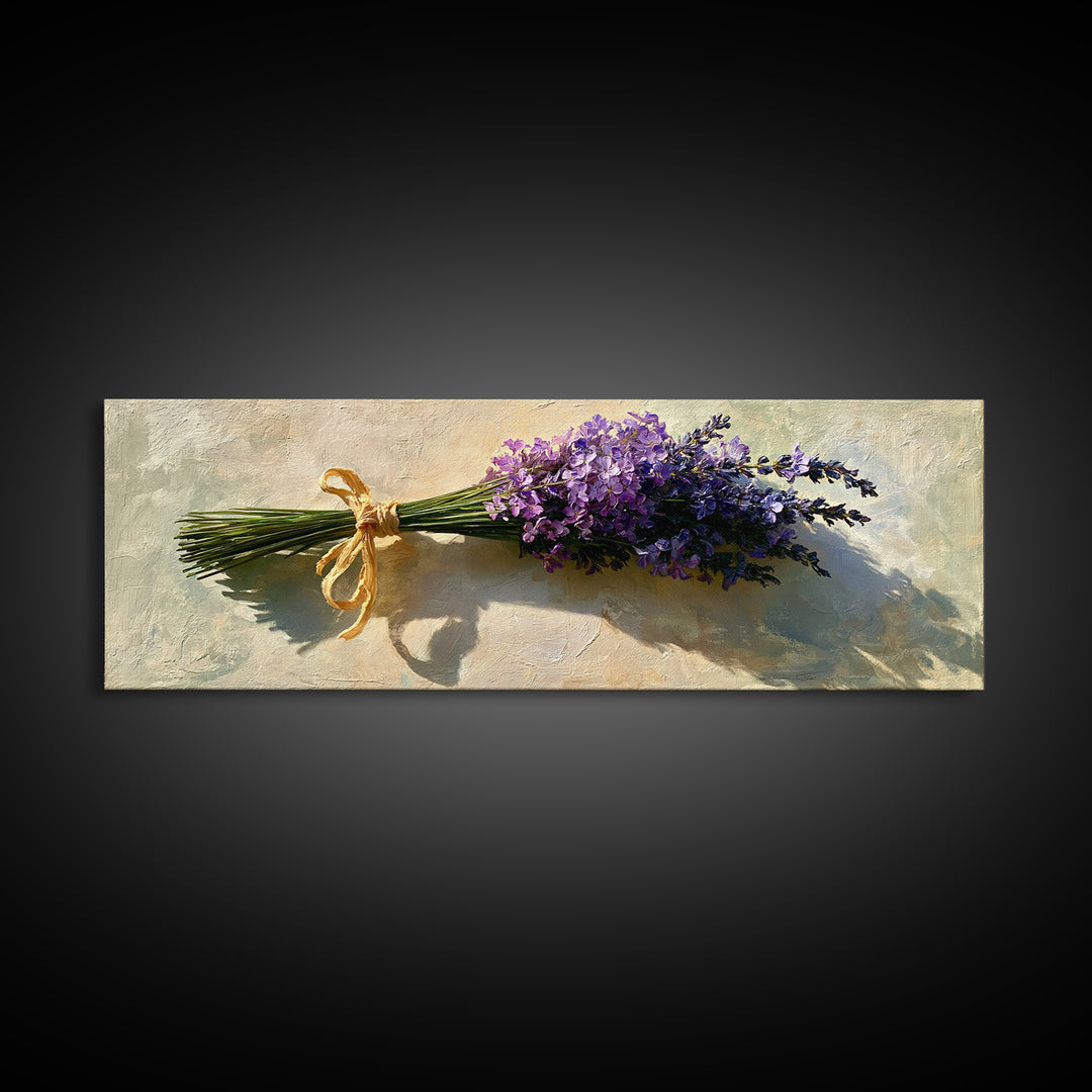 Lavender Bundle with Soft Shadow Framed Canvas Print, Spa Art, Black Woman Art, Spa Decor, Oil Painting, Serenity, SPA-3x1-47