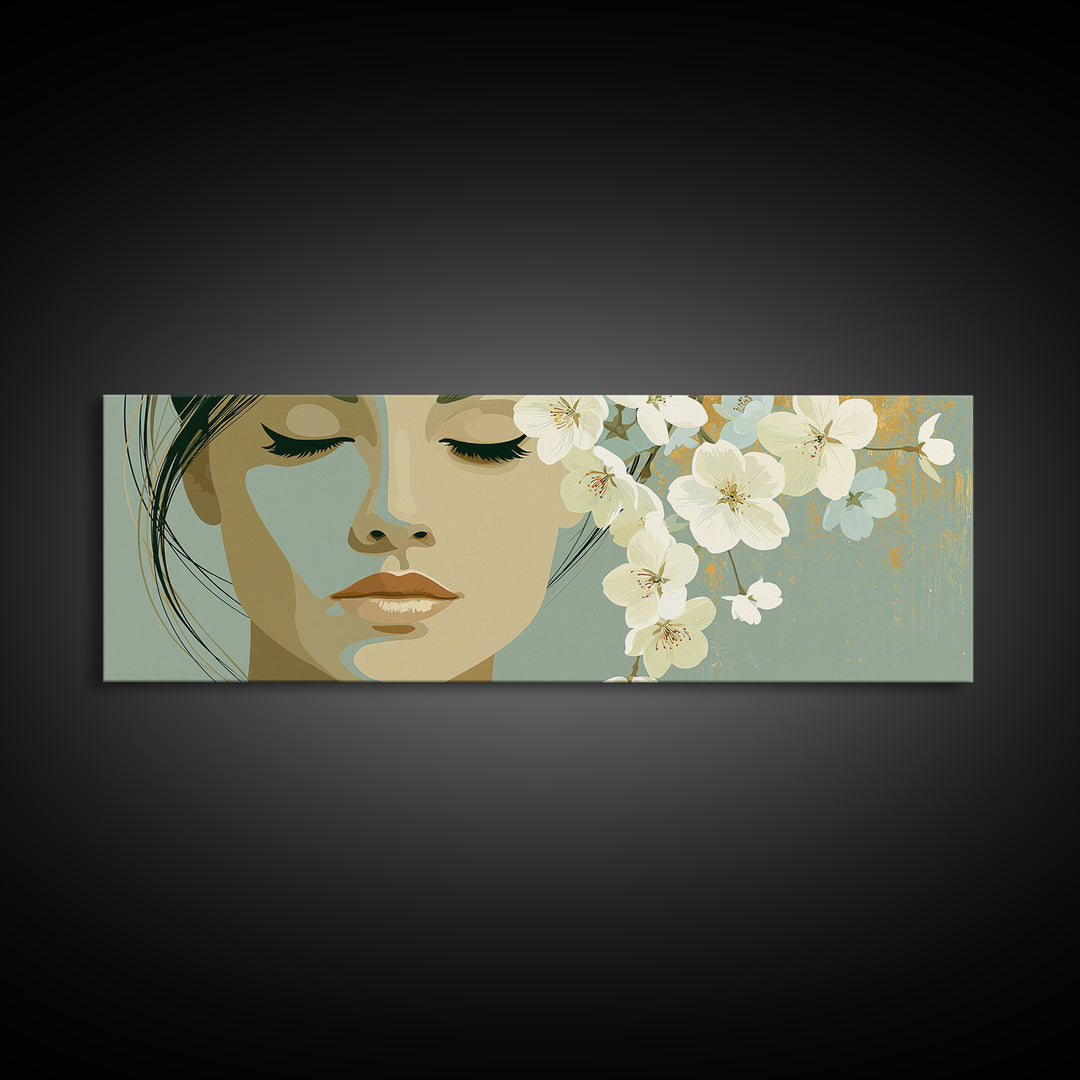 Minimal Face with Closed Eyes and Flowers Framed Canvas Print, Spa Art, Printable Wall Art, Spa Decor, Watercolor Art, Serenity, SPA-3x1-59