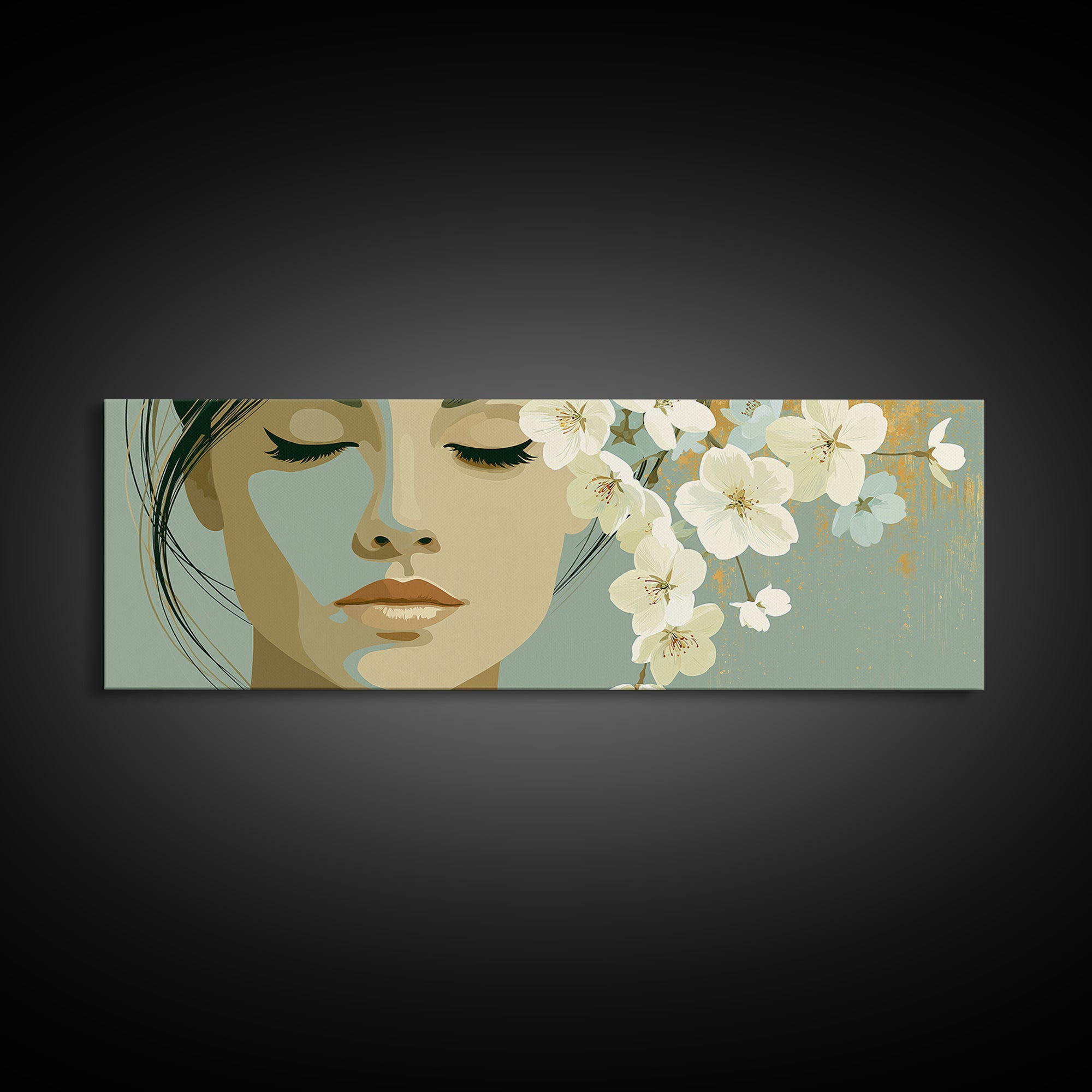 Minimal Face with Closed Eyes and Flowers Framed Canvas Print, Spa Art, Printable Wall Art, Spa Decor, Watercolor Art, Serenity, SPA-3x1-59