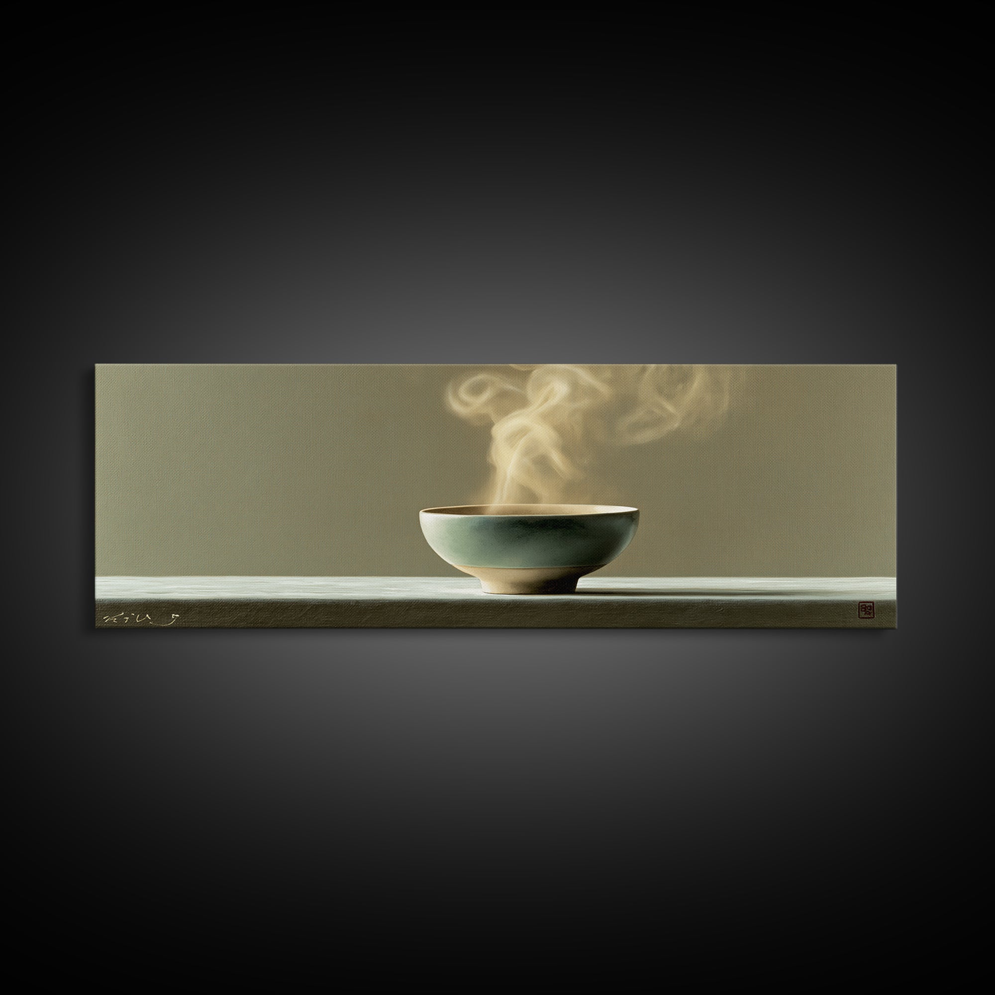 Tea Bowl and Steam Still Life Canvas Print, Spa Art, Boho Decor, Spa Decor, Oil Painting, Serenity, Printable Art, SPA-3x1-62