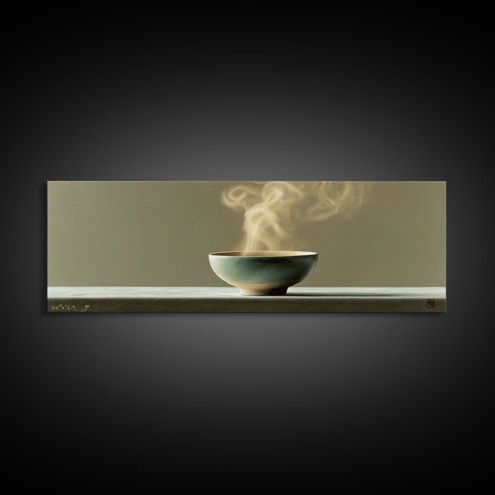 Tea Bowl and Steam Still Life Canvas Print, Spa Art, Boho Decor, Spa Decor, Oil Painting, Serenity, Printable Art, SPA-3x1-62