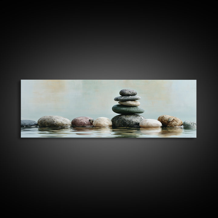 Stacked Stones Beside Calm Water Canvas Print, Spa Art, Wildlife Wall Art, Spa Decor, Watercolor Art, Serenity, SPA-3x1-65