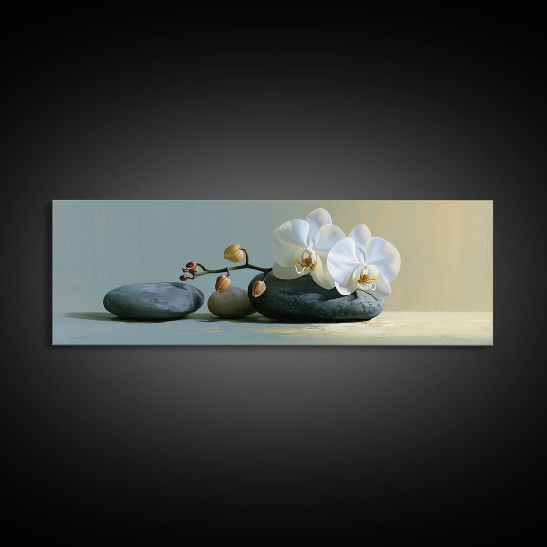White Orchid on Smooth Gray Stone Canvas Print, Spa Art, Modern Home Decor, Spa Decor, Fine Art, Serenity, Neutral Decor, SPA-3x1-66