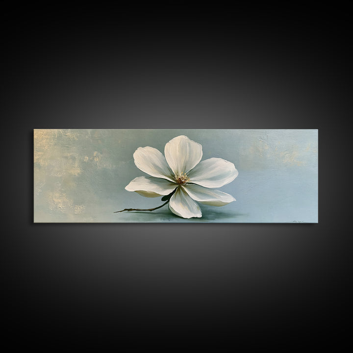 Single White Flower on Linen Ground Framed Canvas Print, Spa Art, Tarot Card Art, Spa Decor, Watercolor Art, Serenity, SPA-3x1-81