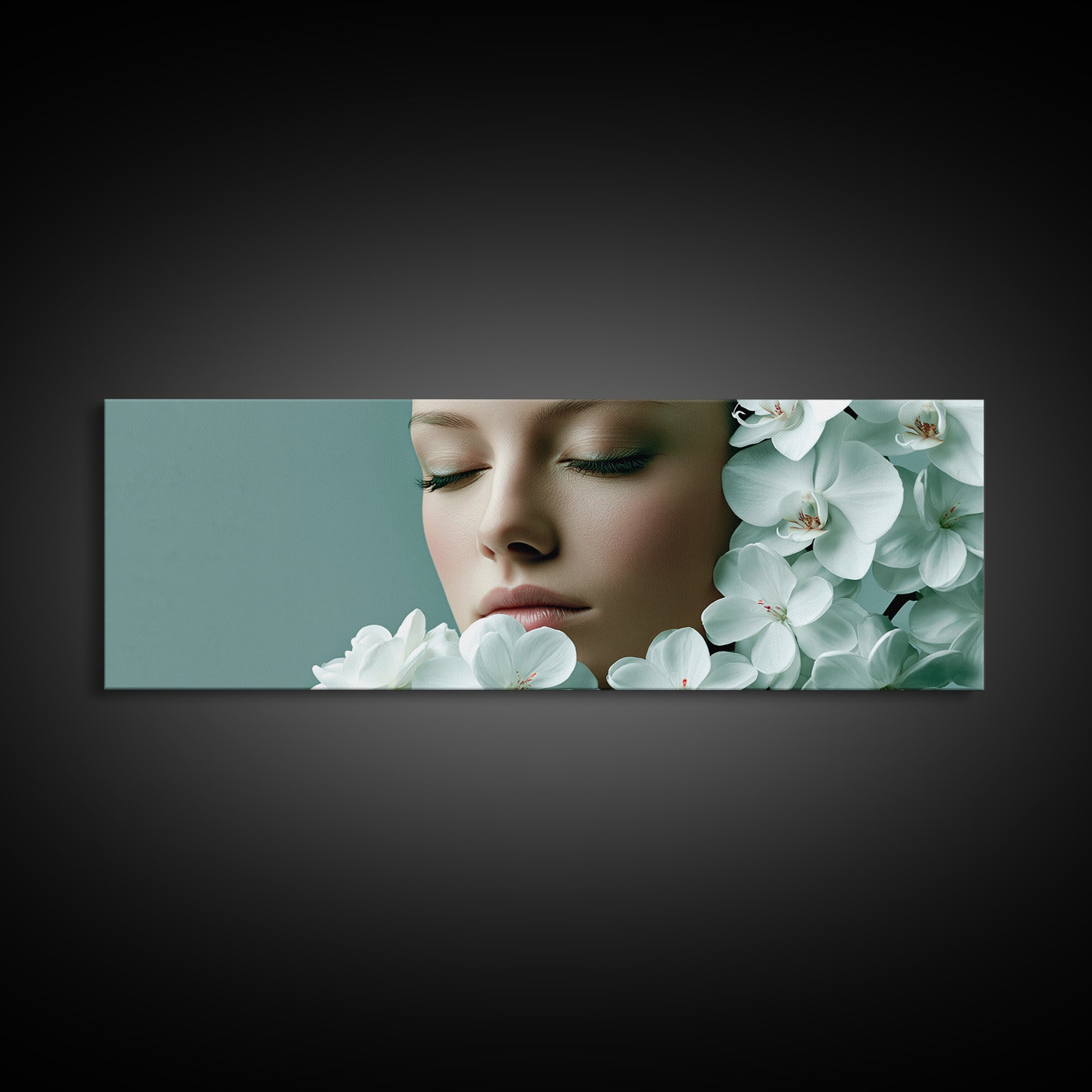 Minimal Face with Closed Eyes and Flowers Canvas Print, Spa Art, Travel Poster, Spa Decor, Watercolor Art, Serenity, SPA-3x1-83