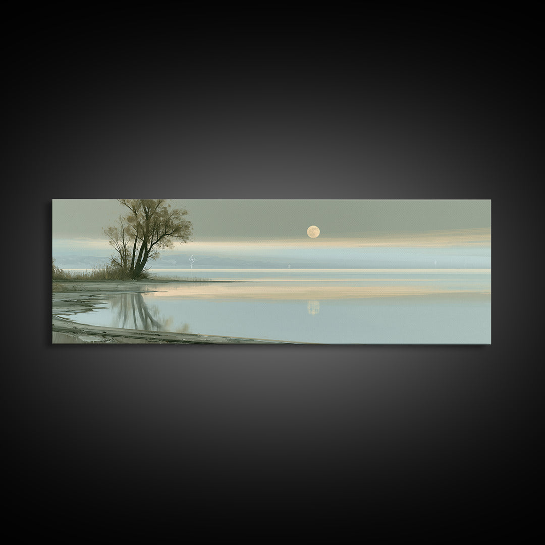 Moonlit Lake Reflection Framed Canvas Print, Spa Art, Abstract, Spa Decor, Watercolor Art, Serenity, City Art, Spa Wall Art, SPA-3x1-87