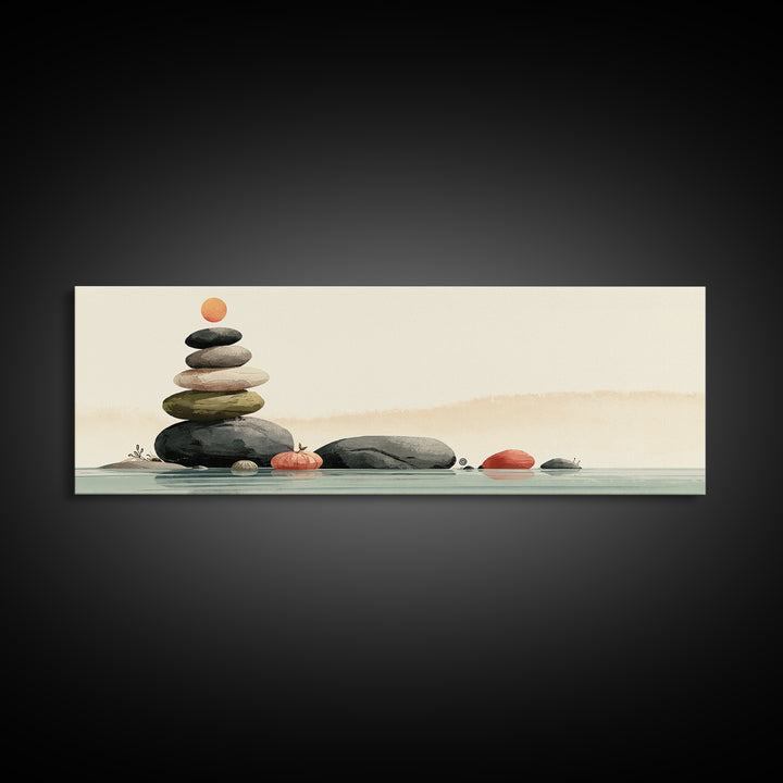 Stacked Stones Beside Calm Water Framed Canvas Print, Spa Art, Boho Decor, Spa Decor, Oil Painting, Serenity, Printable Art, SPA-3x1-89