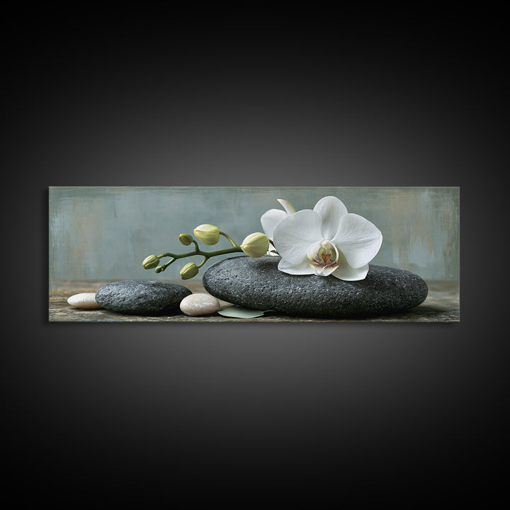 White Orchid on Smooth Gray Stone Framed Canvas Print, Spa Art, Teen Girl Room Decor, Spa Decor, Serenity, Luxury Decor, SPA-3x1-90