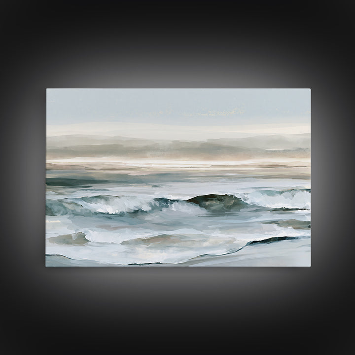 Coastal Horizon in Muted Spa Blues Framed Canvas Print, Spa Art, Spa, Spa Decor, Oil Painting, Serenity, Teen Girl Room Decor, SPA-3x2-14
