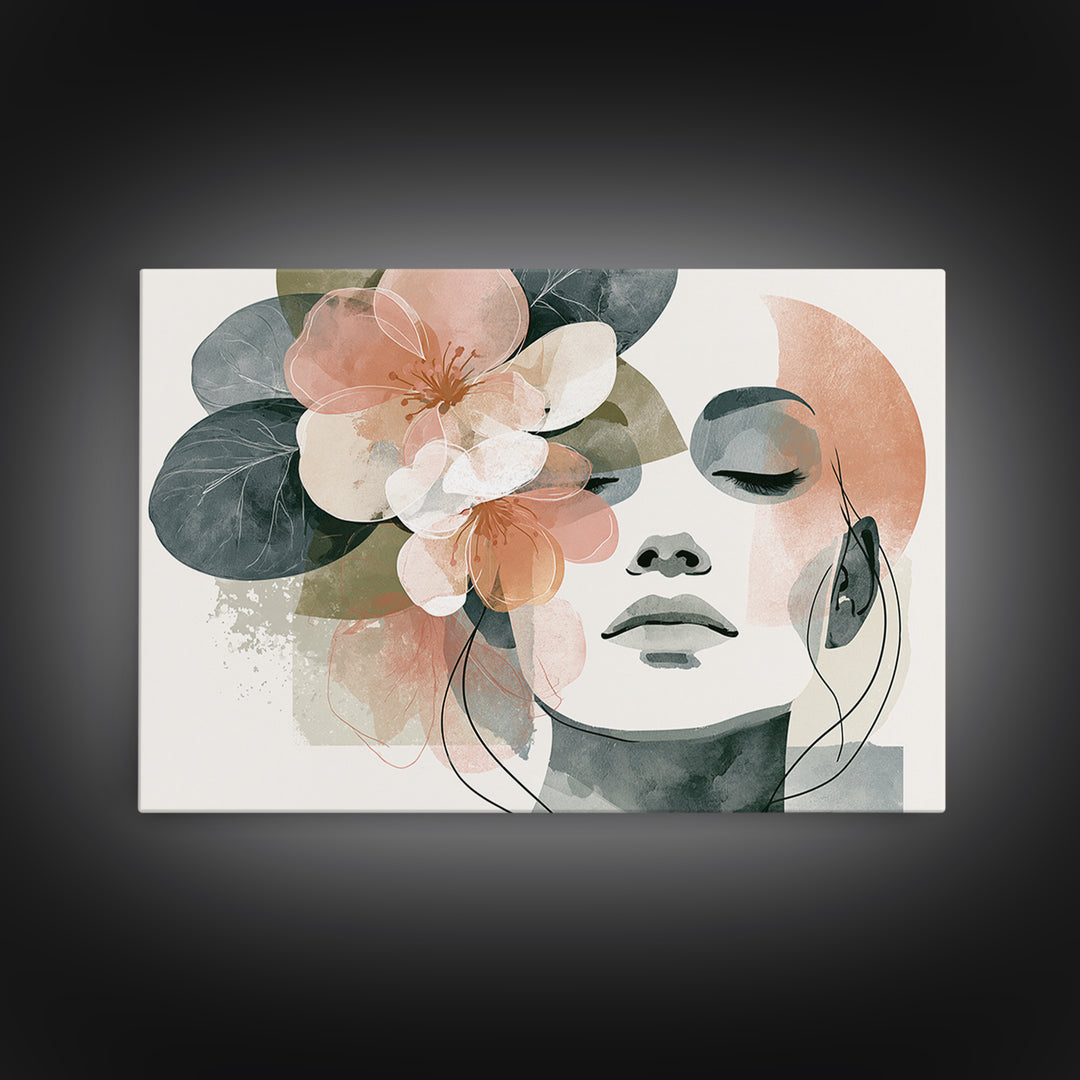 Minimal Face with Closed Eyes and Flowers Framed Canvas Print, Spa Art, Esthetician Decor, Spa Decor, Oil Painting, Serenity, SPA-3x2-23