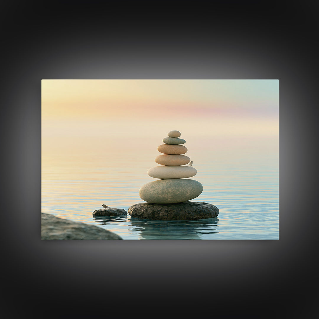 Stacked Stones Beside Calm Water Canvas Print, Spa Art, Modern Decor, Spa Decor, Fine Art, Serenity, Wall Decor, SPA-3x2-29