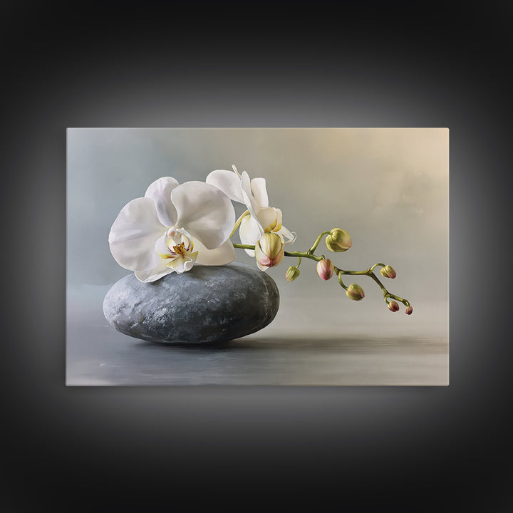 White Orchid on Smooth Gray Stone Canvas Print, Spa Art, Salon Decor, Spa Decor, Fine Art, Serenity, Statement Artwork, SPA-3x2-30