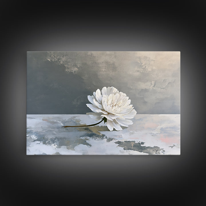 Single White Flower on Linen Ground Framed Canvas Print, Spa Art, Gallery Decor, Spa Decor, Fine Art, Serenity, Wall Art, SPA-3x2-45