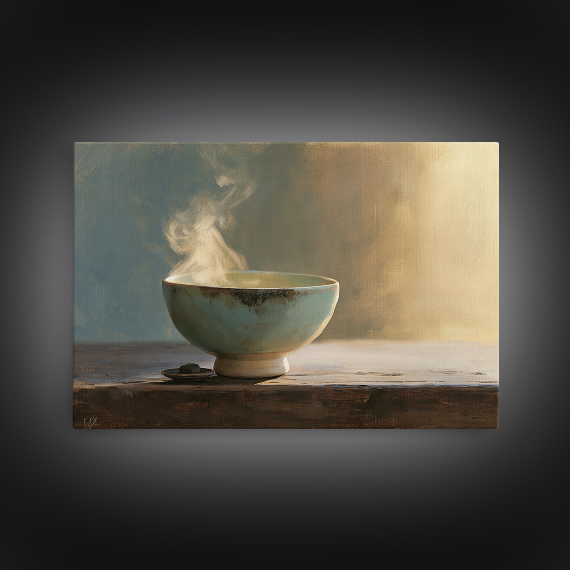 Tea Bowl and Steam Still Life Framed Canvas Print, Spa Art, Dog Groomer Gifts, Spa Decor, Oil Painting, Serenity, SPA-3x2-50
