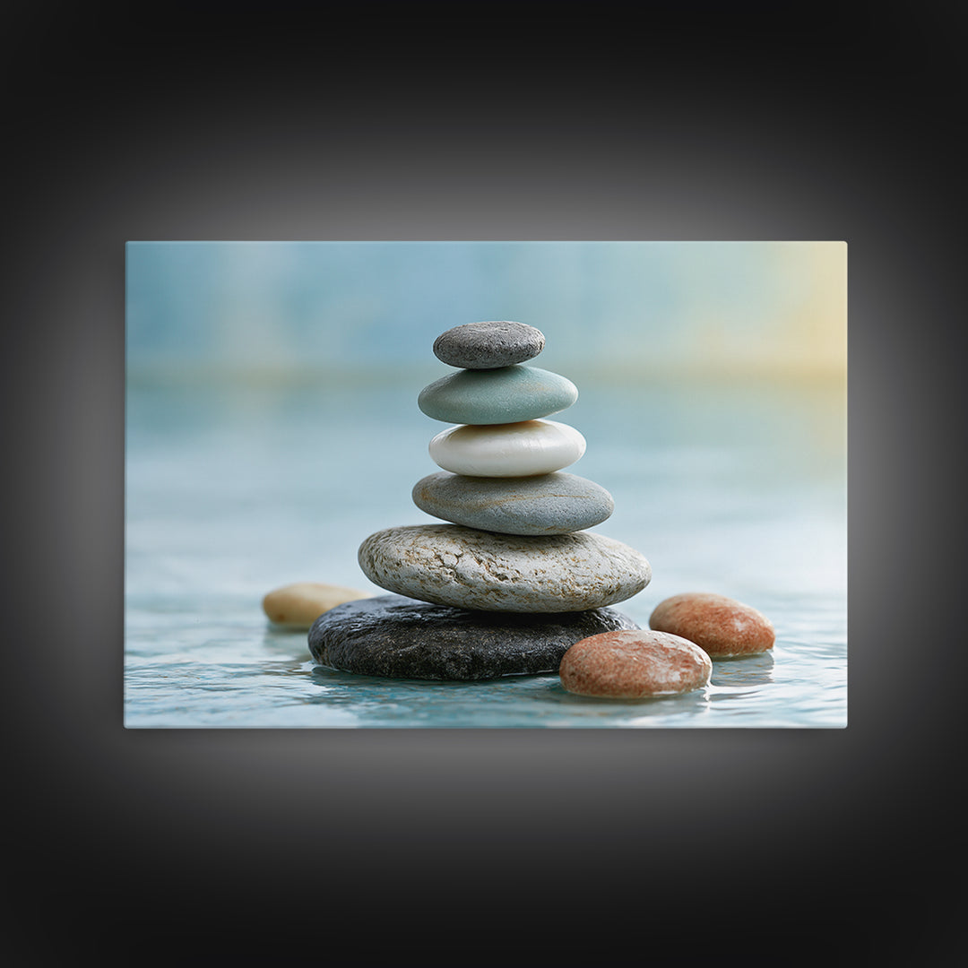 Stacked Stones Beside Calm Water Canvas Print, Spa Art, Modern Decor, Spa Decor, Fine Art, Serenity, Wall Decor, SPA-3x2-53