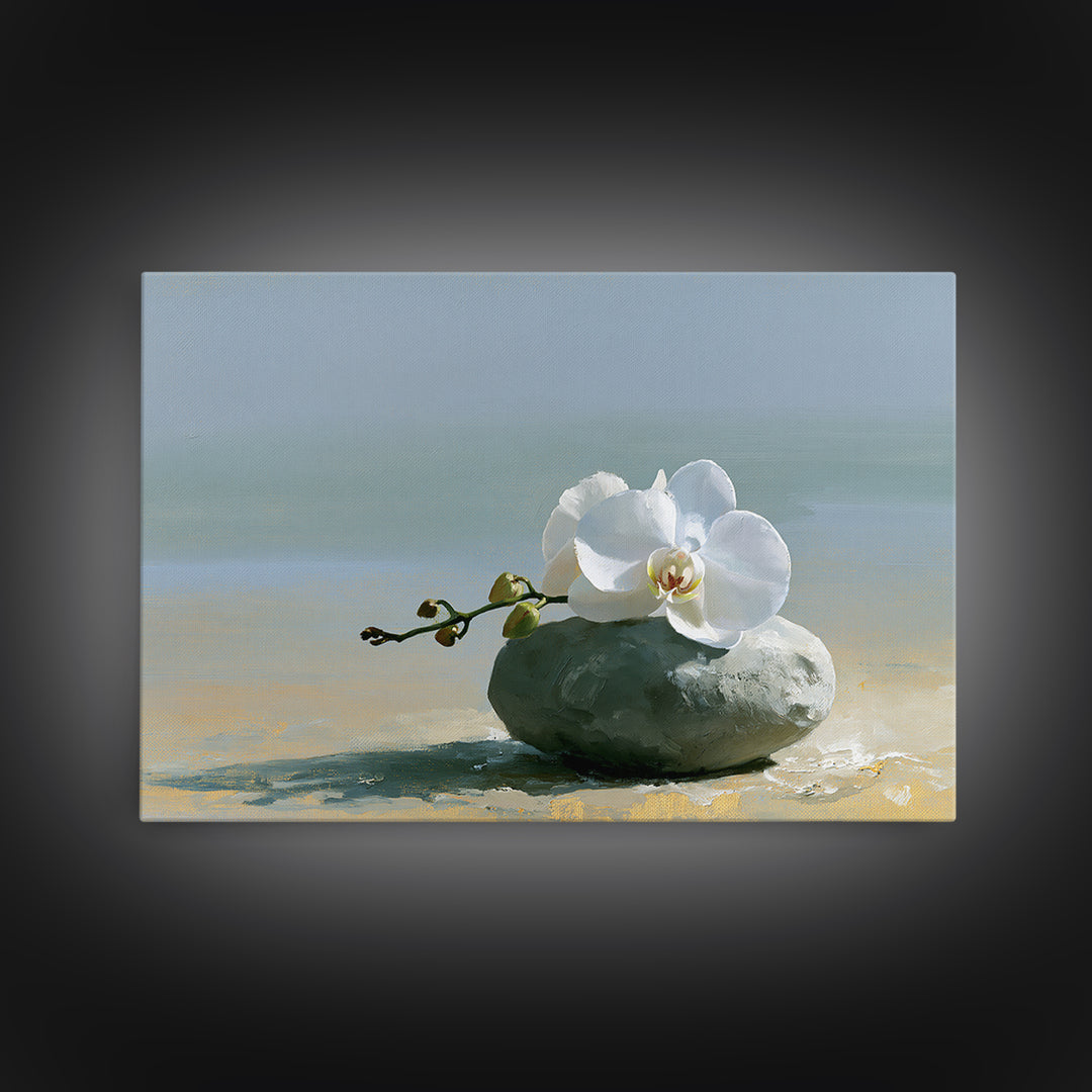 White Orchid on Smooth Gray Stone Canvas Print, Spa Art, Salon Decor, Spa Decor, Fine Art, Serenity, Statement Artwork, SPA-3x2-54