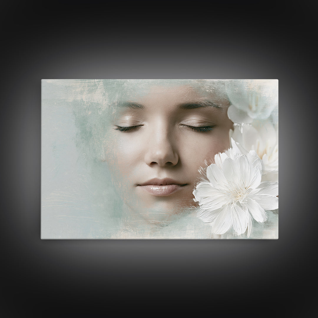 Minimal Face with Closed Eyes and Flowers Framed Canvas Print, Spa Art, Wildlife Wall Art, Spa Decor, Fine Art, Serenity, SPA-3x2-71