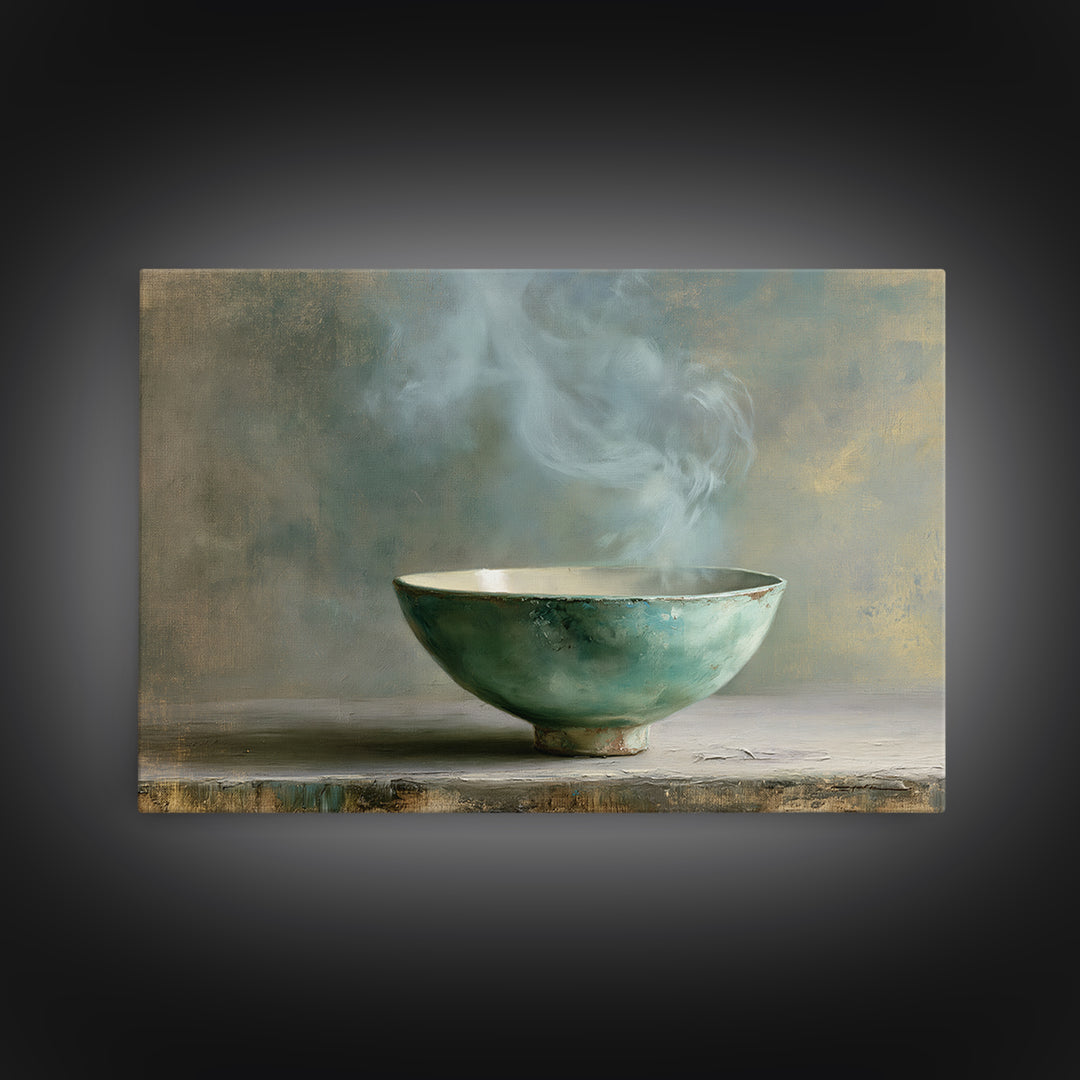 Tea Bowl and Steam Still Life Framed Canvas Print, Spa Art, Dog Groomer Gifts, Spa Decor, Oil Painting, Serenity, SPA-3x2-74