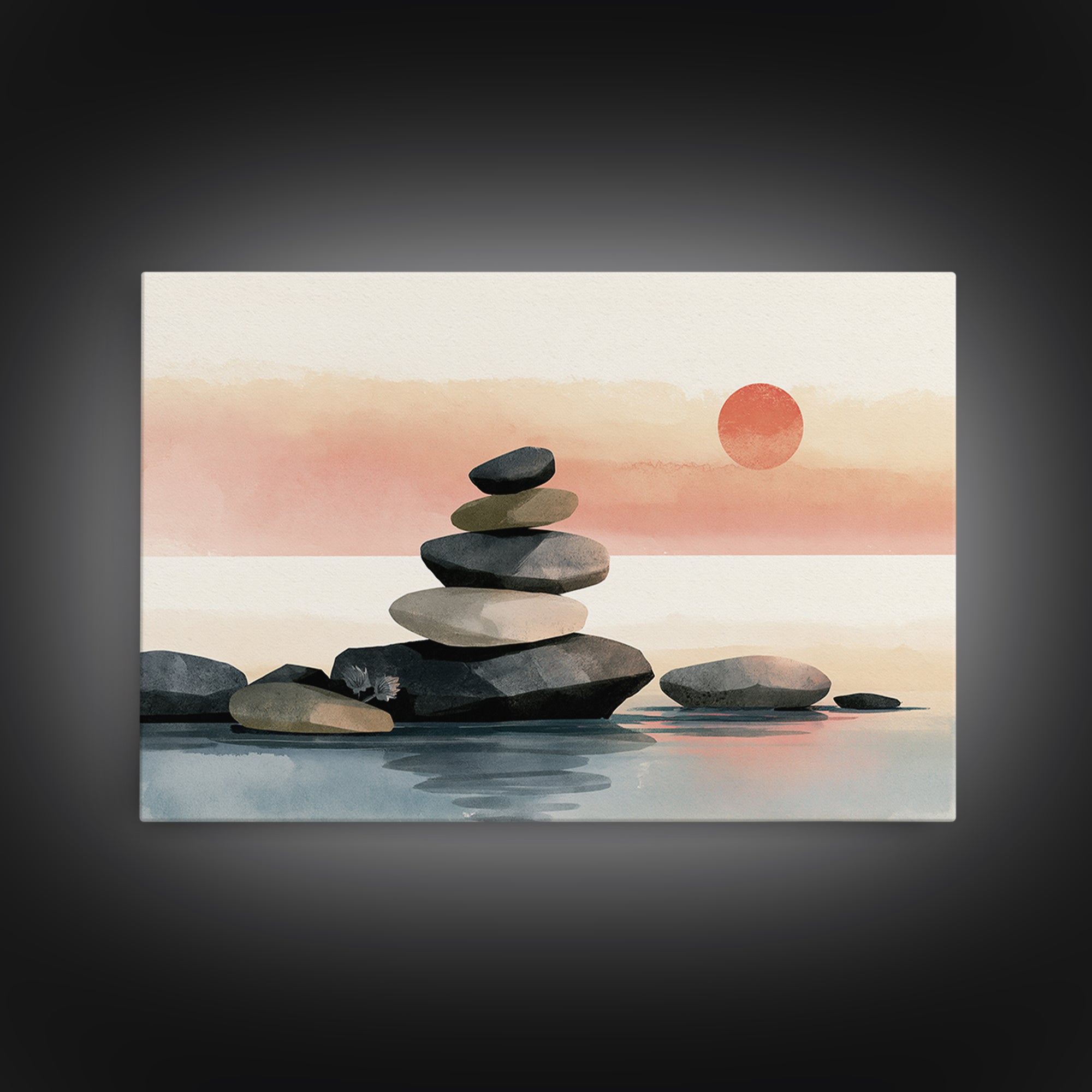 Stacked Stones Beside Calm Water Framed Canvas Print, Spa Art, Art Print, Spa Decor, Fine Art, Serenity, Botanical Art, SPA-3x2-77