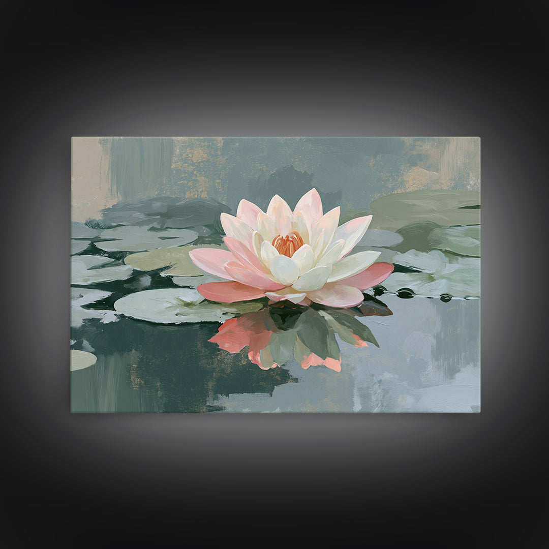 Lotus Flower Floating on Still Pond Framed Canvas Print, Spa Art, Home Decor, Spa Decor, Fine Art, Serenity, Dog Wall Art, SPA-3x2-80
