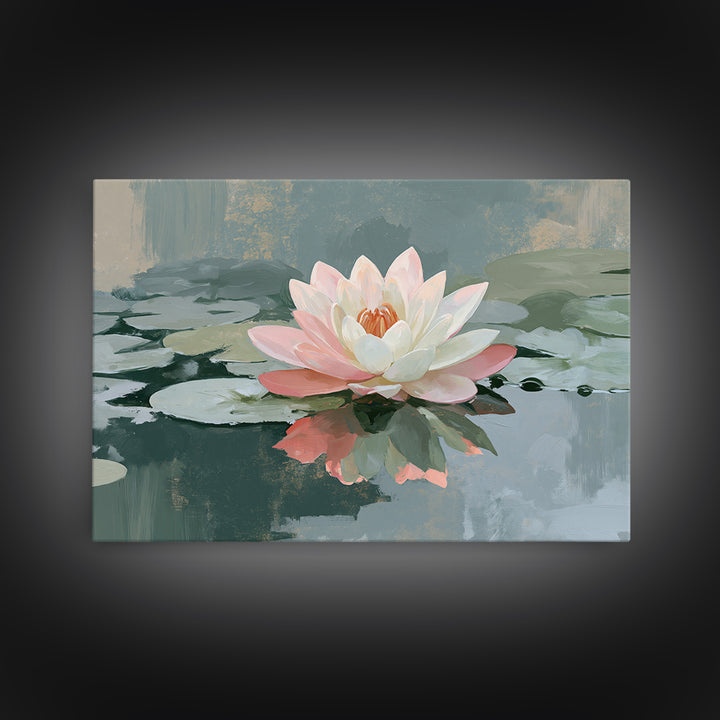 Lotus Flower Floating on Still Pond Framed Canvas Print, Spa Art, Home Decor, Spa Decor, Fine Art, Serenity, Dog Wall Art, SPA-3x2-80