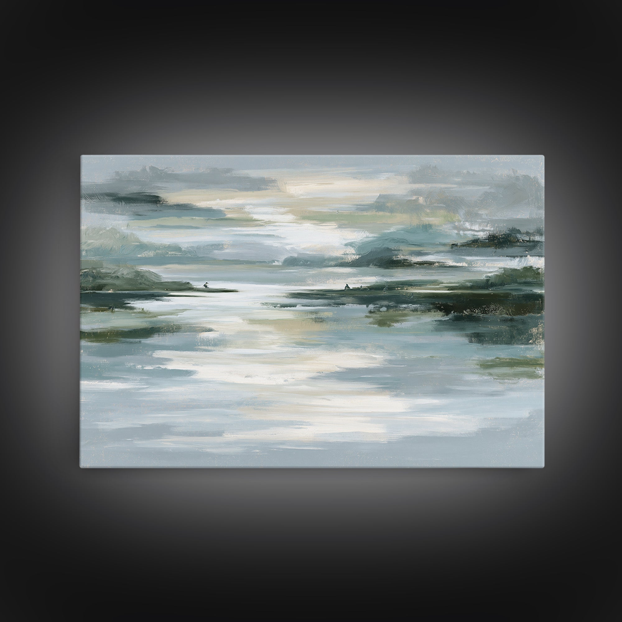 Moonlit Lake Reflection Framed Canvas Print, Spa Art, Abstract, Spa Decor, Watercolor Art, Serenity, City Art, Spa Wall Art, SPA-3x2-99
