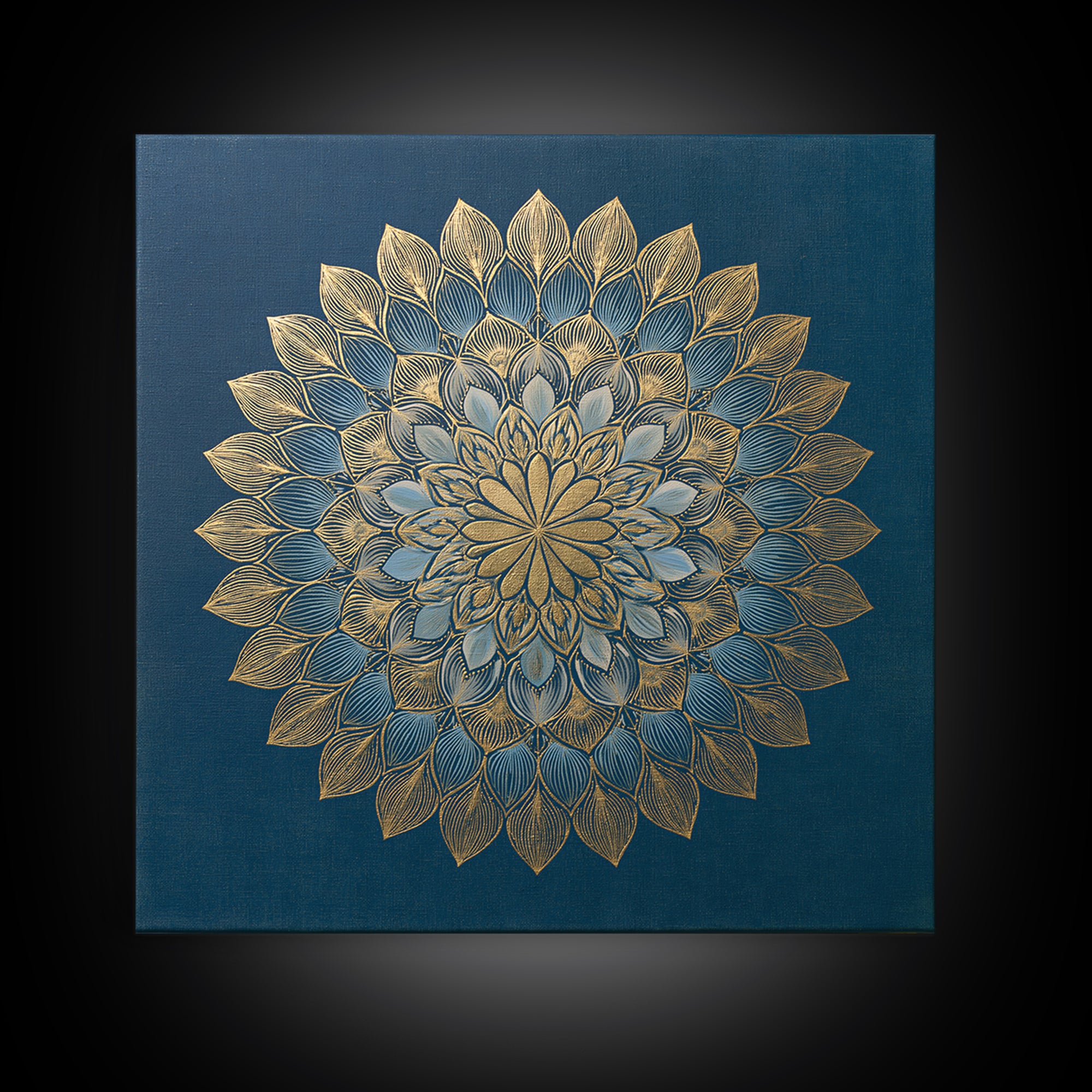 Gold Mandala on Deep Blue Background Framed Canvas Print, Spiritual Art, Art Prints, Living Room Decor, Oil Painting, Spirit, SPI-1x1-28