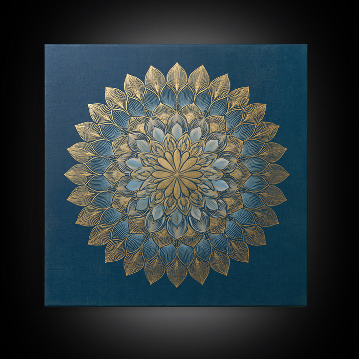 Gold Mandala on Deep Blue Background Framed Canvas Print, Spiritual Art, Art Prints, Living Room Decor, Oil Painting, Spirit, SPI-1x1-28