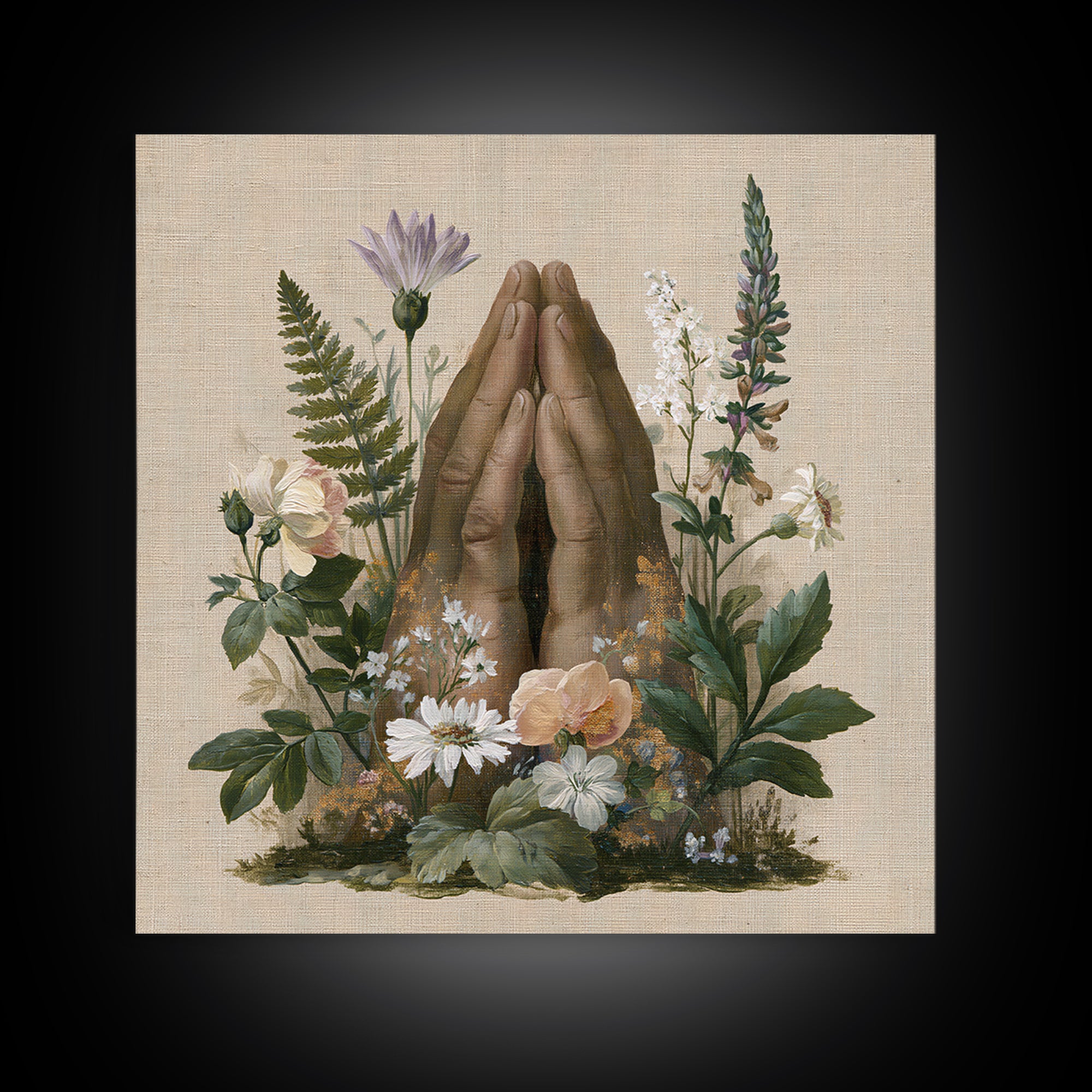 Prayer Hands with Botanical Details Framed Canvas Print, Spiritual Art, Printable Wall Art, Living Room Decor, Fine Art, Spirit, SPI-1x1-33