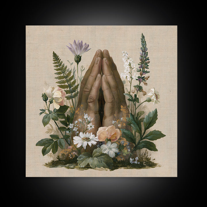 Prayer Hands with Botanical Details Framed Canvas Print, Spiritual Art, Printable Wall Art, Living Room Decor, Fine Art, Spirit, SPI-1x1-33