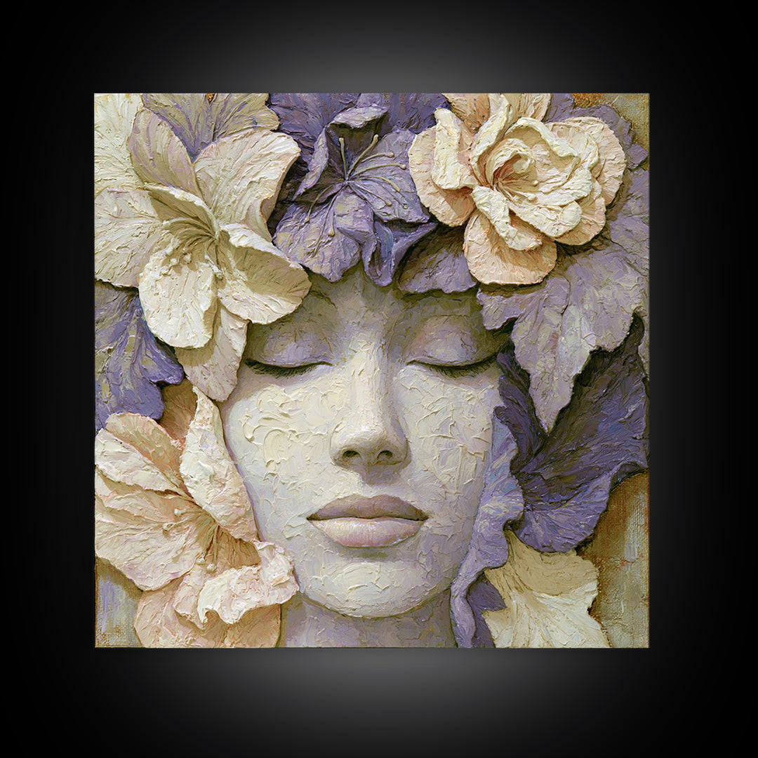 Serene Face with Closed Eyes and Flowers Canvas Print, Spiritual Art, Digital Art, Living Room Decor, Watercolor Art, Spirit, SPI-1x1-36