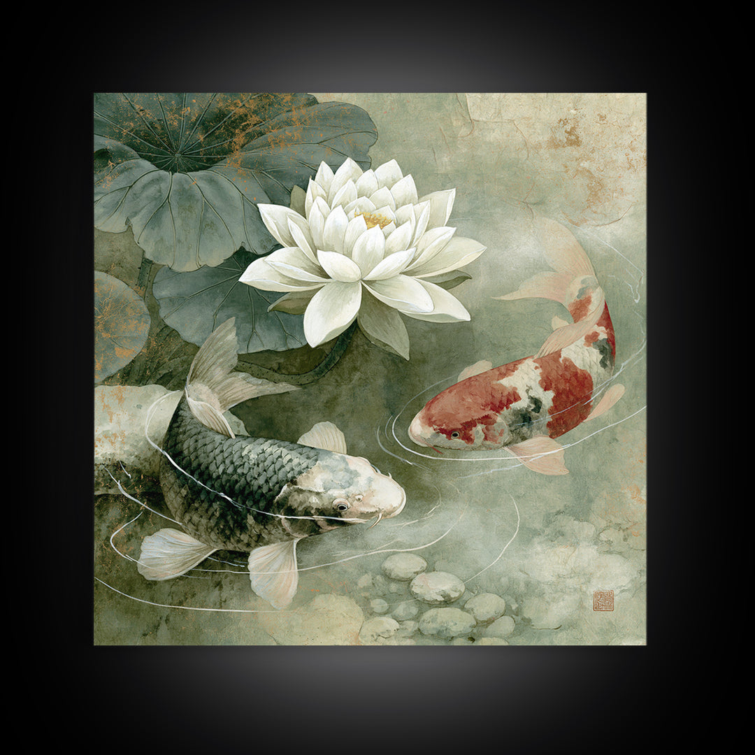 Lotus and Koi Framed Canvas Print, Spiritual Art, Fine Art Print, Living Room Decor, Abstract Art, Spirit, Digital Prints, SPI-1x1-42