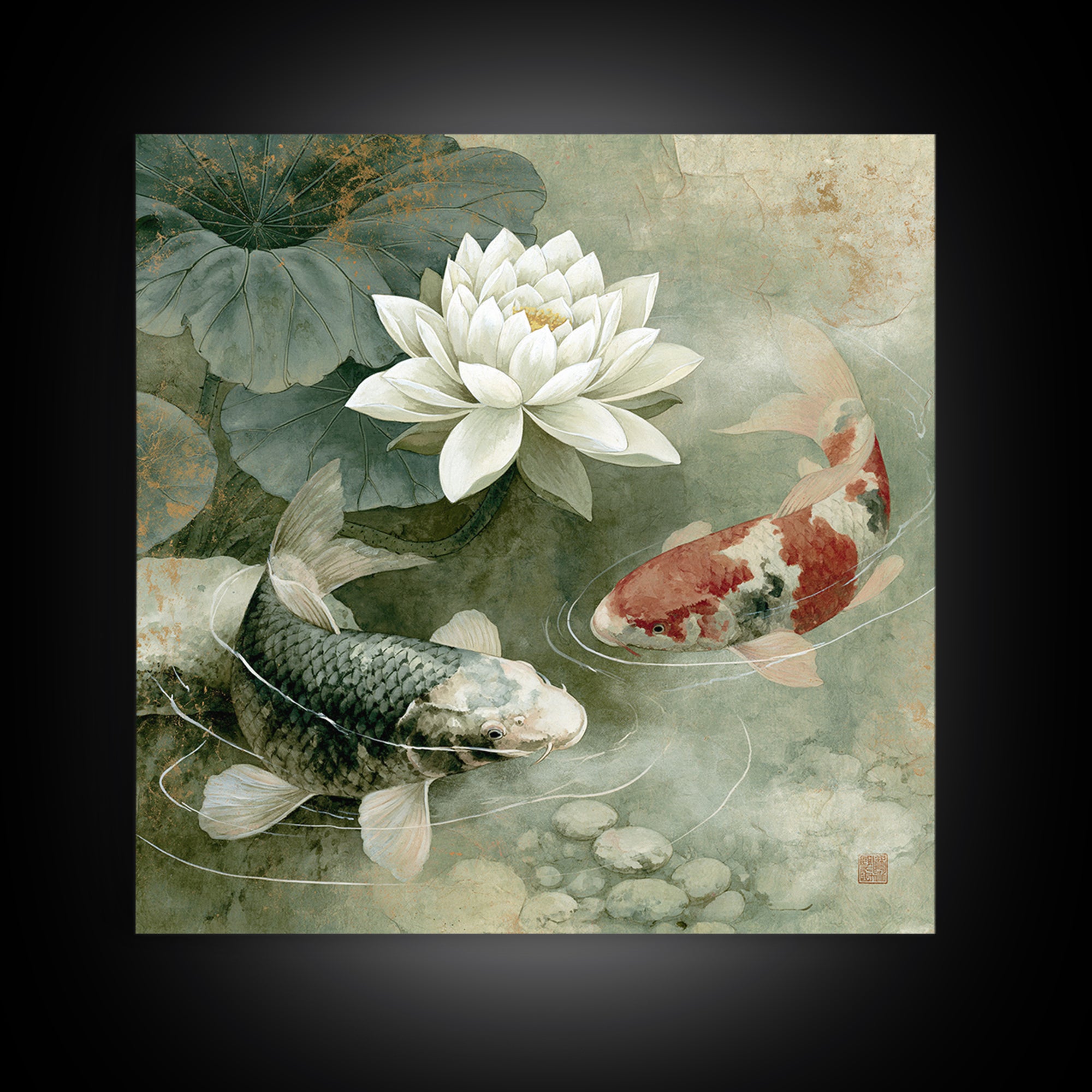 Lotus and Koi Framed Canvas Print, Spiritual Art, Fine Art Print, Living Room Decor, Abstract Art, Spirit, Digital Prints, SPI-1x1-42