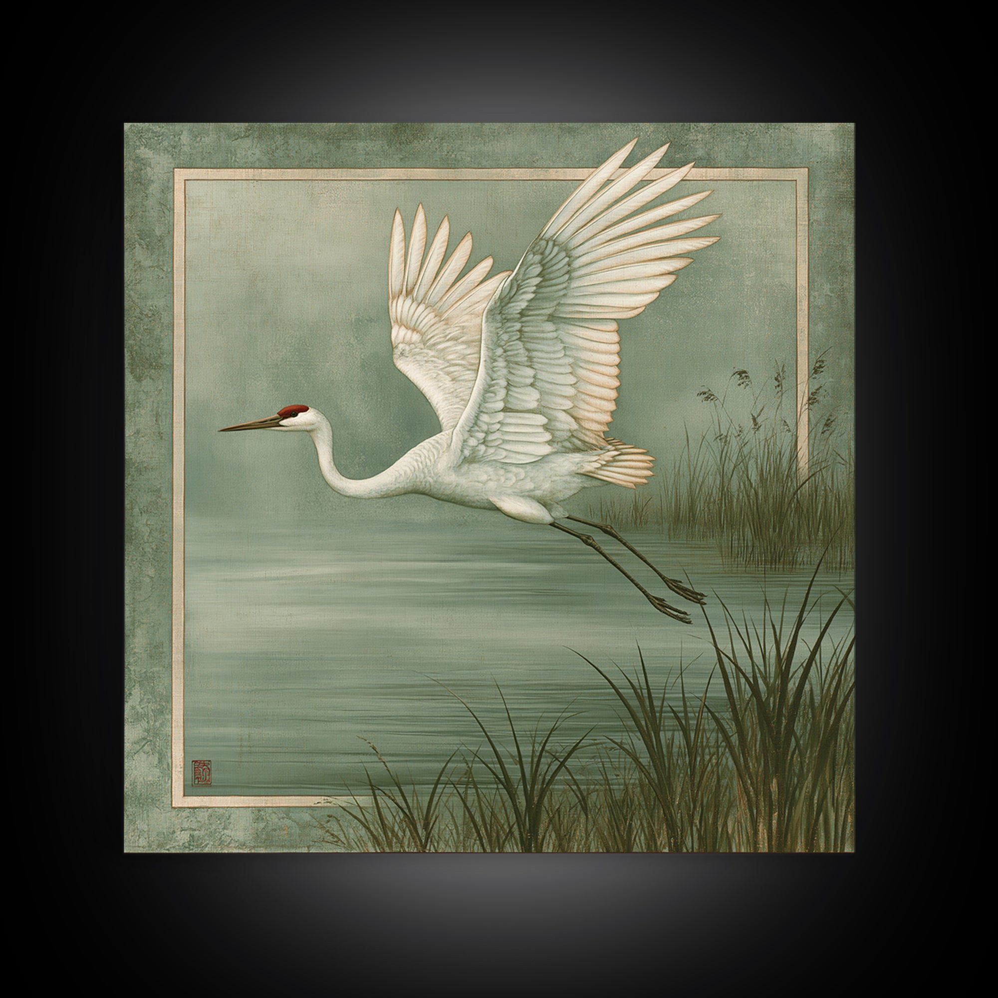 White Crane Flying Framed Canvas Print, Spiritual Art, Room Decor, Living Room Decor, Oil Painting, Spirit, Digital Print, SPI-1x1-48