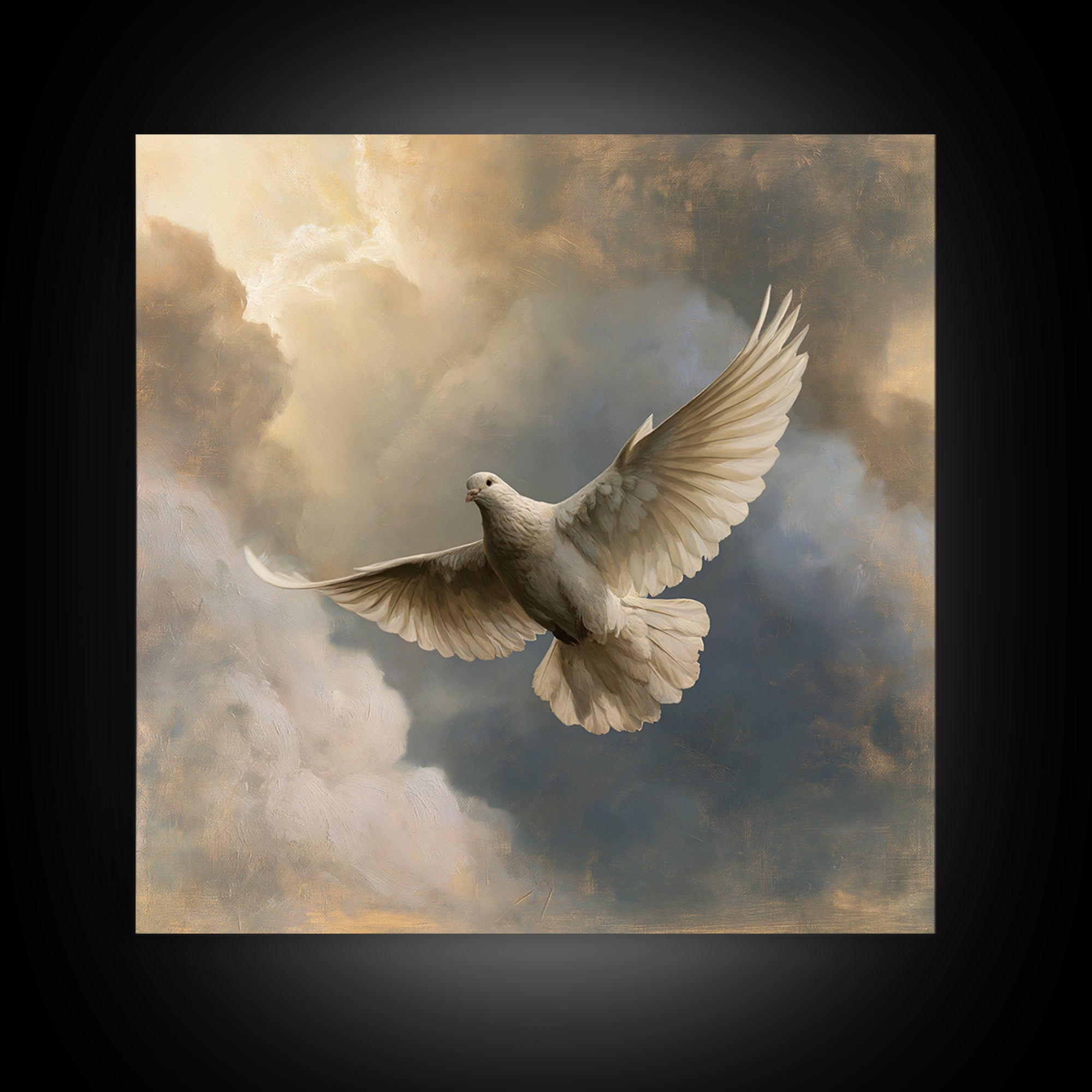 Dove Flying Through Radiant Clouds Framed Canvas Print, Spiritual Art, Printable, Living Room Decor, Fine Art, Spirit, SPI-1x1-53