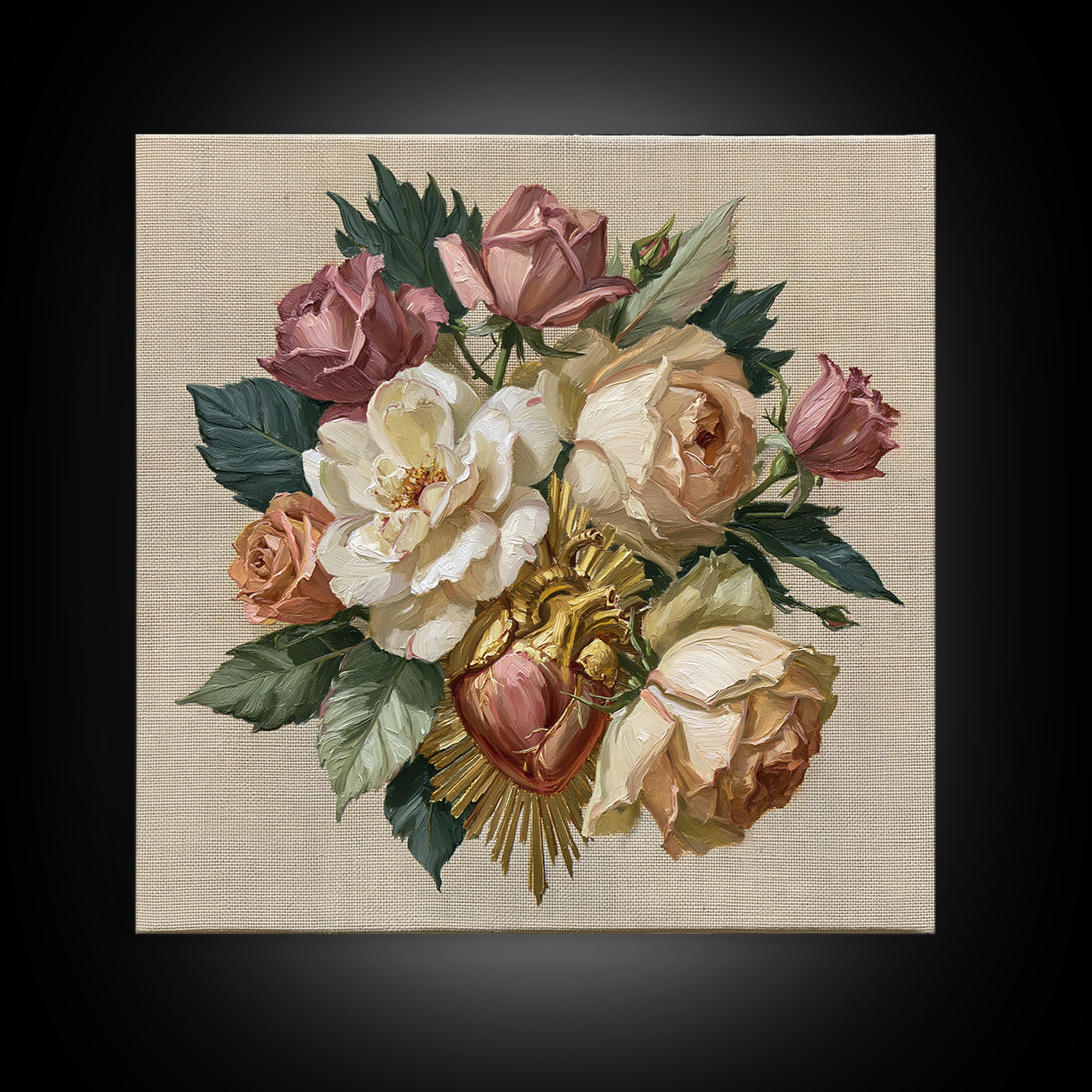 Sacred Heart with Roses and Gold Rays Framed Canvas Print, Spiritual Art, Textured Painting, Living Room Decor, Spirit, SPI-1x1-62