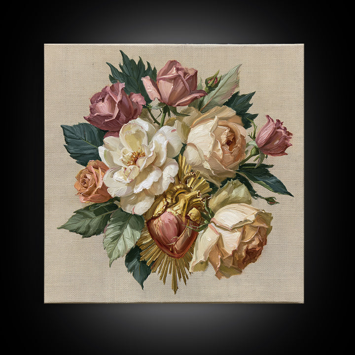 Sacred Heart with Roses and Gold Rays Framed Canvas Print, Spiritual Art, Textured Painting, Living Room Decor, Spirit, SPI-1x1-62