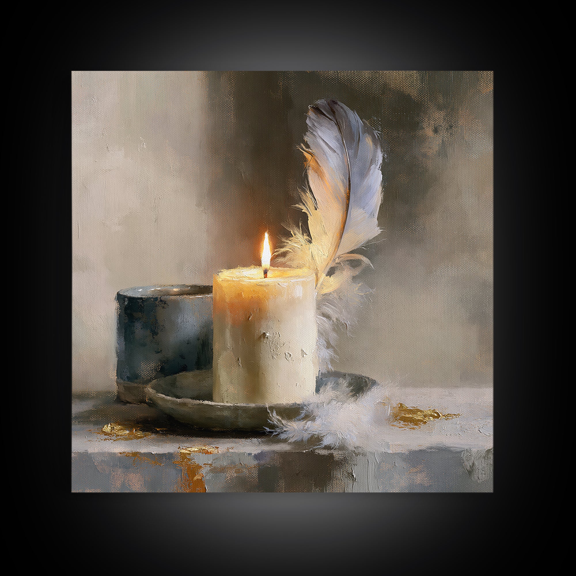 Candle and Feather Still Life Framed Canvas Print, Spiritual Art, Minimalist Wall Art, Living Room Decor, Fine Art, Spirit, SPI-1x1-68