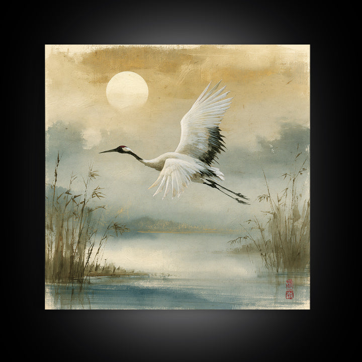 White Crane Flying Framed Canvas Print, Spiritual Art, Contemporary Art, Living Room Decor, Fine Art, Spirit, Minimalist Decor, SPI-1x1-72