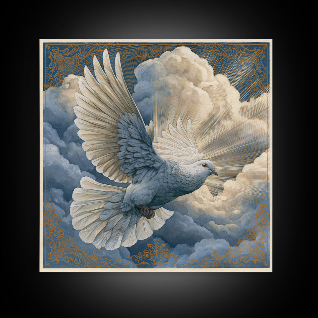 Dove Flying Through Radiant Clouds Canvas Print, Spiritual Art, Canvas Wall Art, Living Room Decor, Fine Art, Spirit, SPI-1x1-77