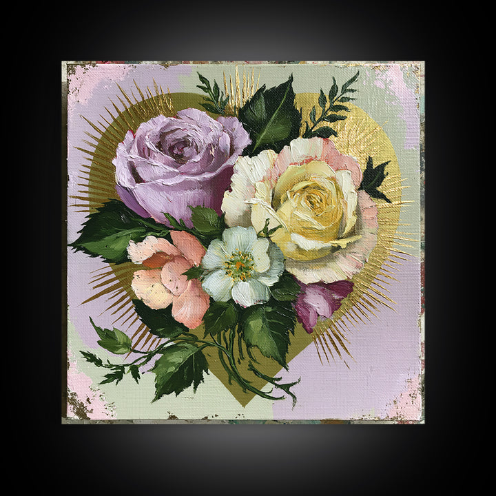 Sacred Heart with Roses and Gold Rays Canvas Print, Spiritual Art, Art, Living Room Decor, Fine Art, Spirit, Canvas Wall Art, SPI-1x1-86