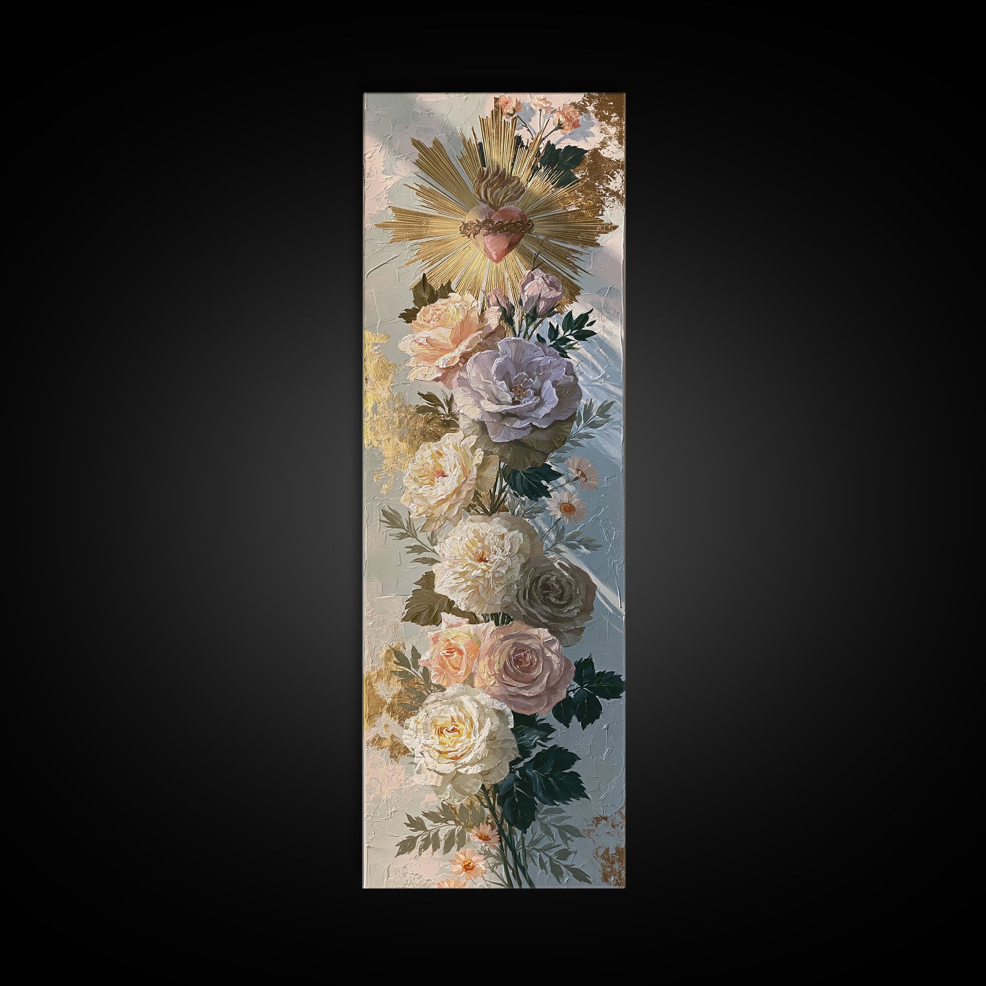 Sacred Heart with Roses and Gold Rays Canvas Print, Spiritual Art, Luxury Decor, Living Room Decor, Fine Art, Spirit, SPI-1x3-2