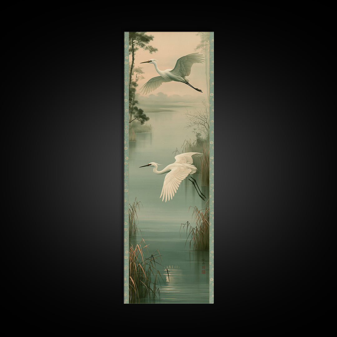 White Crane Flying Framed Canvas Print, Spiritual Art, African American Art, Living Room Decor, Watercolor Art, Spirit, SPI-1x3-36