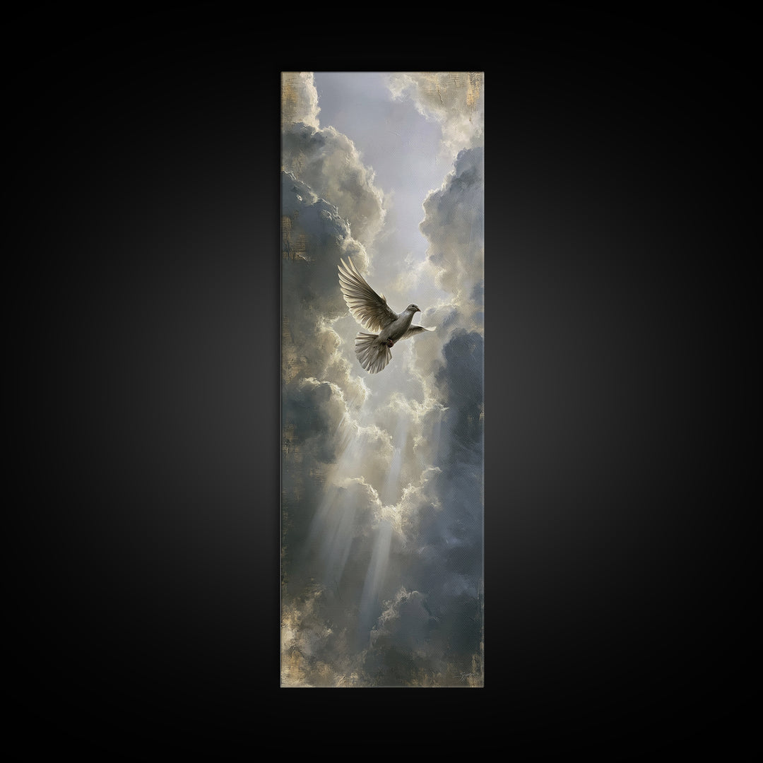 Dove Flying Through Radiant Clouds Canvas Print, Spiritual Art, Textured Painting, Living Room Decor, Fine Art, Spirit, SPI-1x3-41
