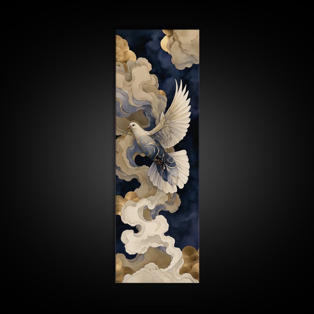 Dove Flying Through Radiant Clouds Canvas Print, Spiritual Art, Boho Wall Art, Living Room Decor, Spirit, Modern Decor, SPI-1x3-65