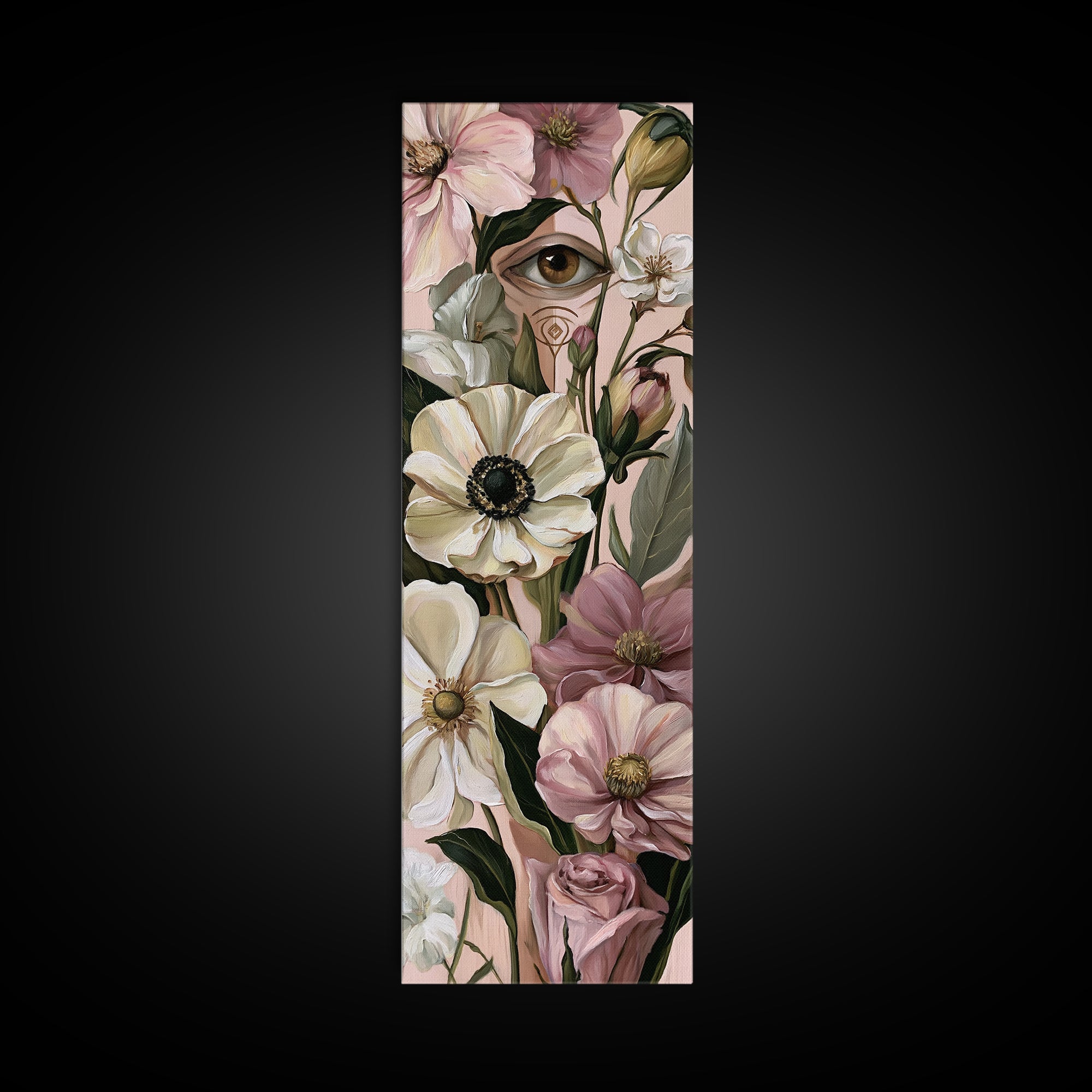 Third Eye Symbol Surrounded by Flowers Framed Canvas Print, Spiritual Art, Digital Prints, Living Room Decor, Watercolor Art, SPI-1x3-66