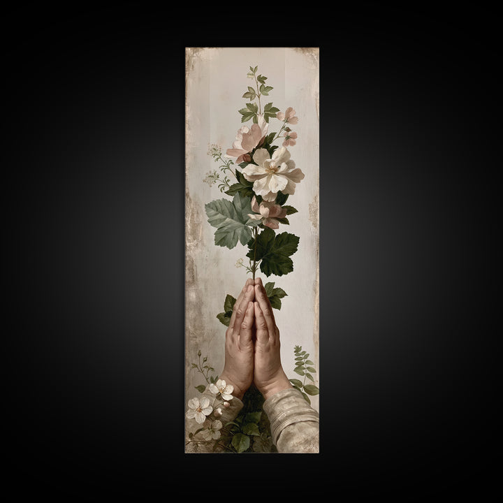 Prayer Hands with Botanical Details Framed Canvas Print, Spiritual Art, Canvas Wall Art, Living Room Decor, Watercolor Art, SPI-1x3-69