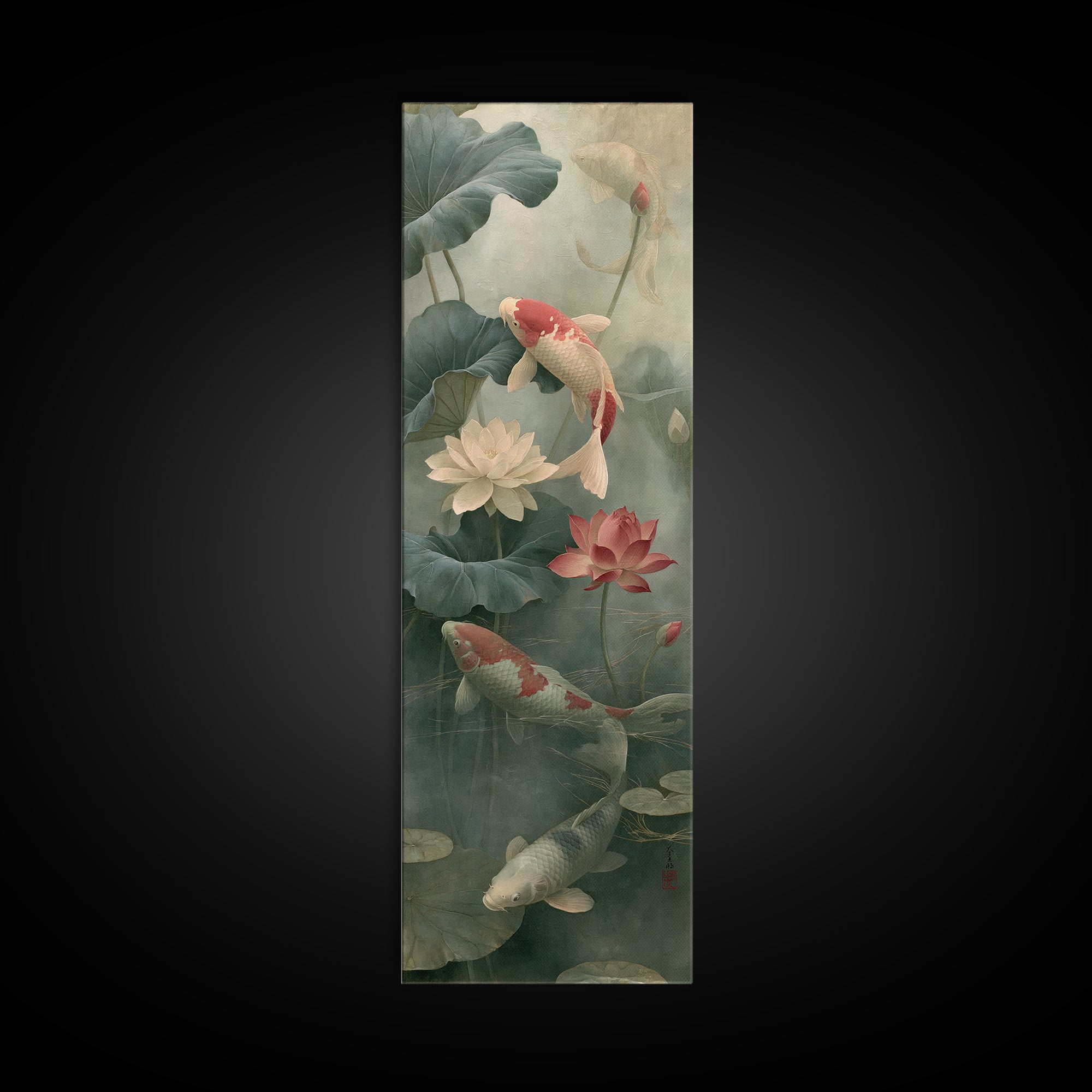 Lotus and Koi Canvas Print, Spiritual Art, Art, Living Room Decor, Fine Art, Spirit, Canvas Wall Art, Black Art, Digital Print, SPI-1x3-78